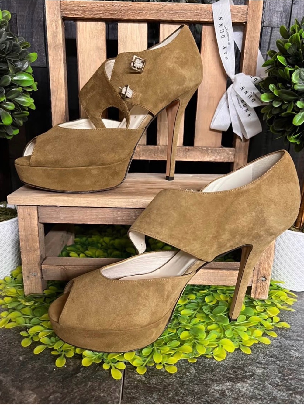 Bettye Muller Tan Suede Peep-Toe Platform Stilettos